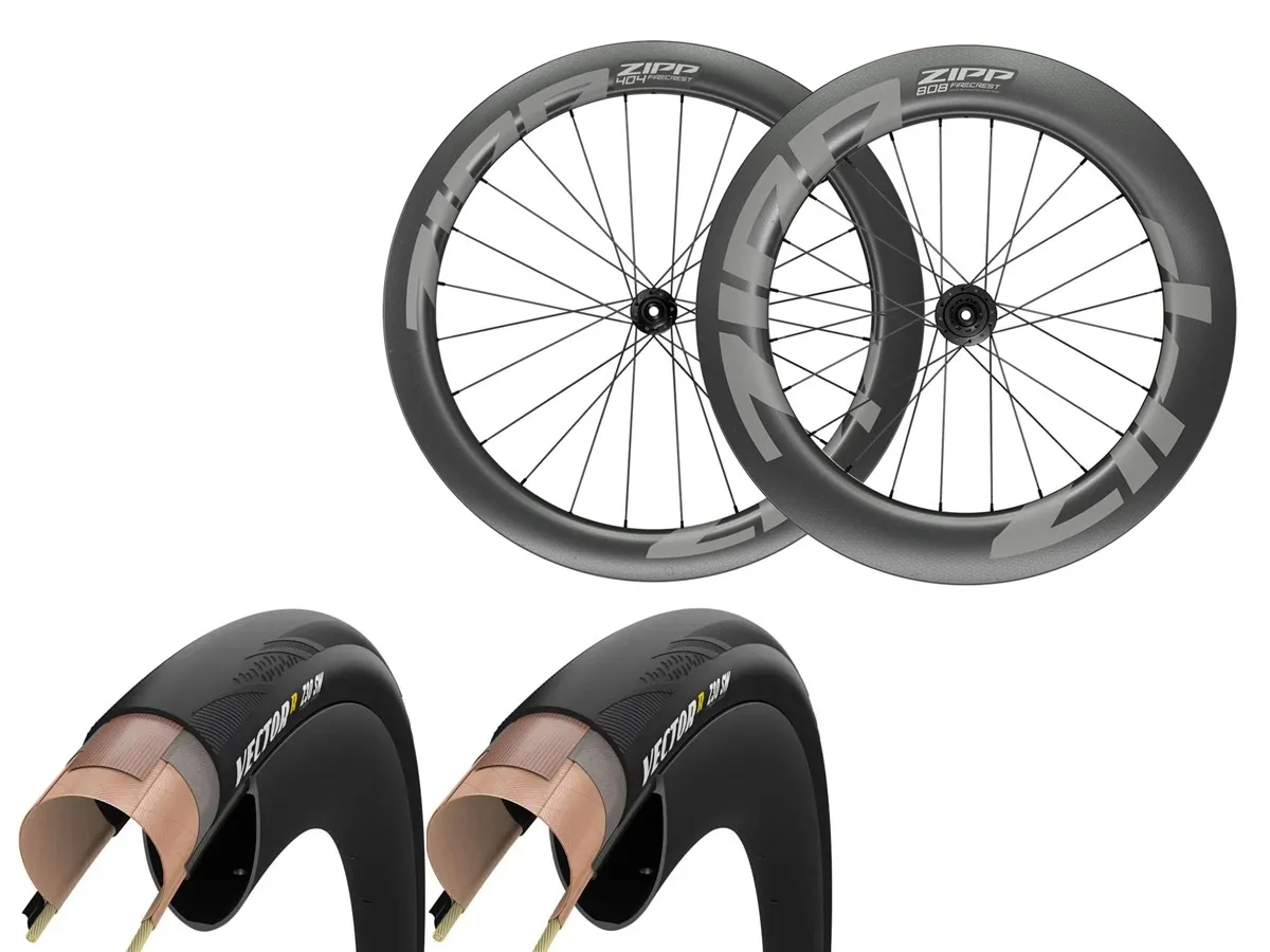 Rueda Zipp Ruta 404/808 FC Carb Clinche Tubeles xPAR SR 700c 100/142mm + 2u Cubiertas Zipp Goodyear VectorR Z35 SW