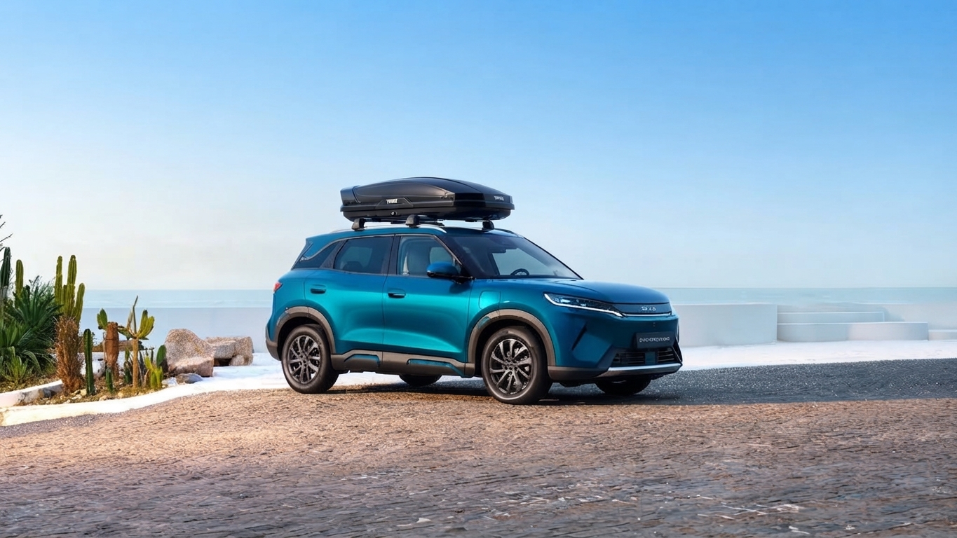 BYD con baúl de techo Thule Force XT instalado sobre las barras WingBar